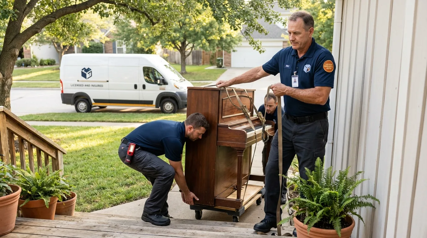 Licensed piano movers securing grand piano in Alva, FL