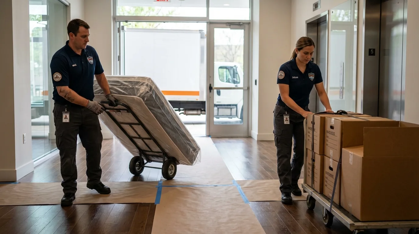 Professional apartment movers loading elevator in Alva, FL